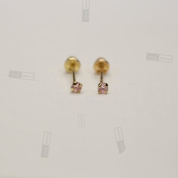 14K Solid Gold Pink CZ Stud Earrings • 2 mm Delicate Gift For Girls & Teens. - Picture 2 of 7